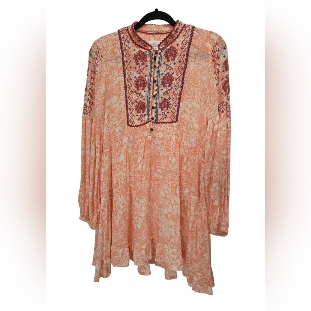 Anthropologie Claudia Embroidered Babydoll Tunic Peach Floral Blouse, Size Small - Picture 2 of 9